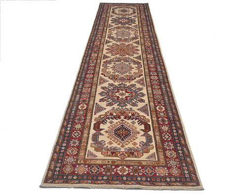 11 Feet Beige Kazak Afghan Hand Knotted Wool Runner Rug
